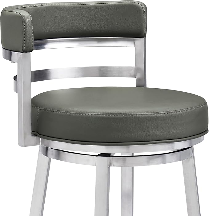 Armen Living Madrid 30" Bar Height Swivel Modern Grey Faux Leather and Brushed - Image 7