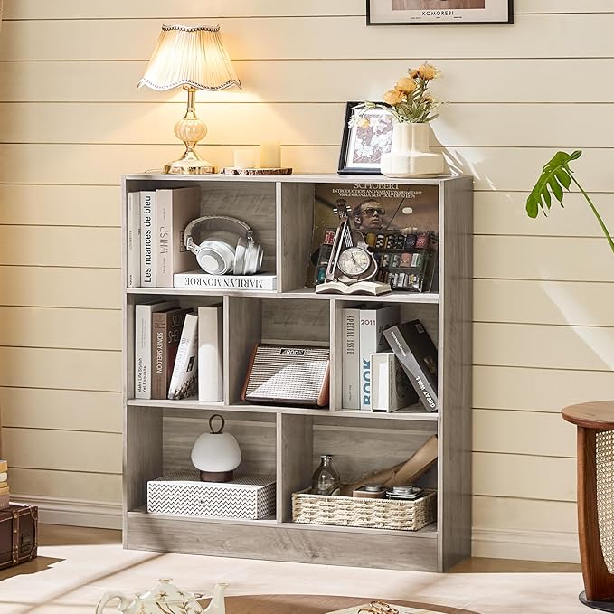 LEYAOYAO 7 Cube Bookshelf with Base, 3 Tier Mid-Century Modern Grey Bookcase - Image 3