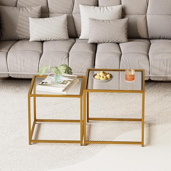 VILAWLENCE Coffee Table Set of 2, Modern Gold Patterned Glass Side Table - Image 4