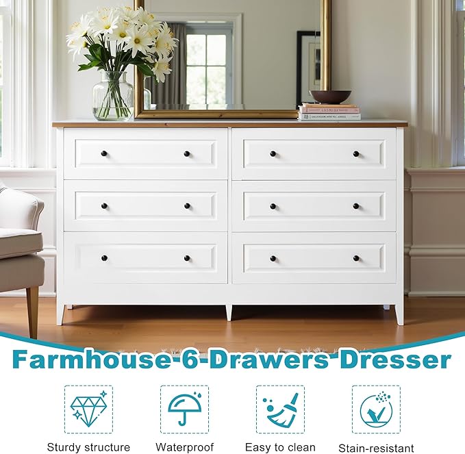 Farmhouse 6 Drawers Dresser for Bedroom, 55.5" Wide Wood Chest of Drawers - Image 6