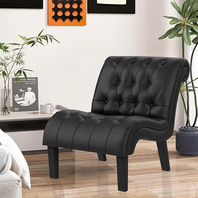 Yongqiang Black Faux Leather Accent Chair Modern Button Tufted Upholstered - Image 5