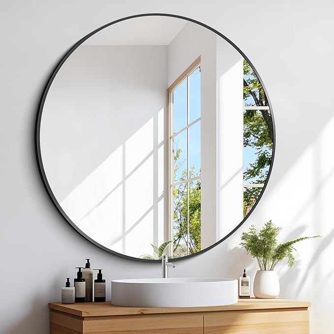 Black Round Mirror 39 inch Large Circle Mirror, Aluminum Alloy Metal Frame by WelcometoCIVENO