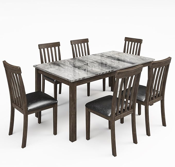 7-Piece Dining Table Set, Solid Wood Curved Backrests & PU Cushioned Seats - Image 7