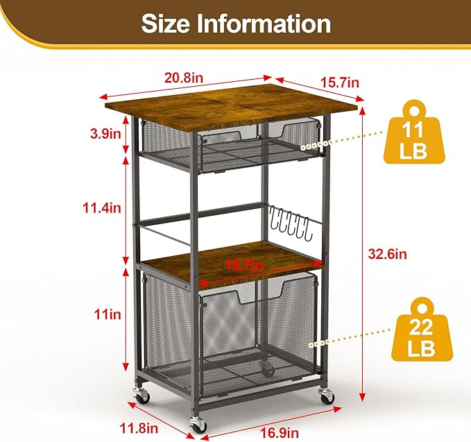 Microwave Stand with Drawers & Hooks, 3-Tier Rolling Kitchen Cart - Image 7