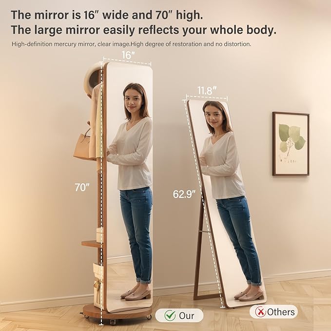 70"x16"Full Length Mirror with Stand, Coat Rack with Mirror, Solid Wood Floor - Image 3
