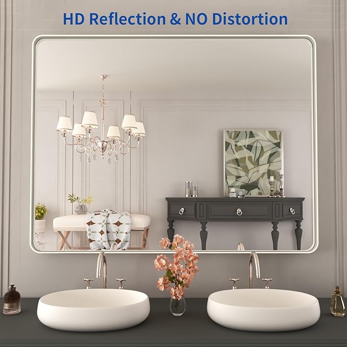 WEER 40X30 Inch Brushed Nickel Bathroom Mirror, Brushed Silver Metal Frame - Image 2