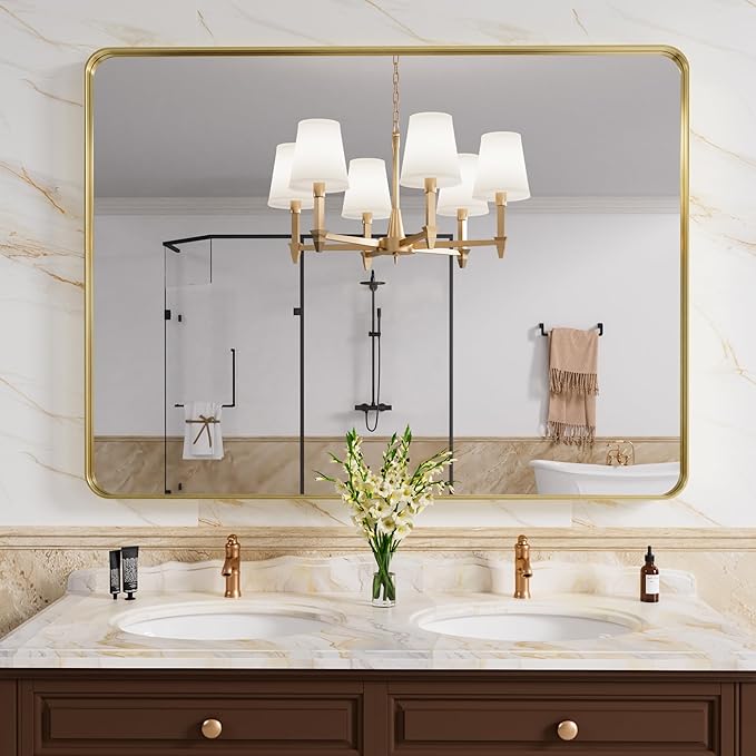 Gold Bathroom Mirror, 48x32 Inch Brushed Gold Metal Frame Mirror - Image 2