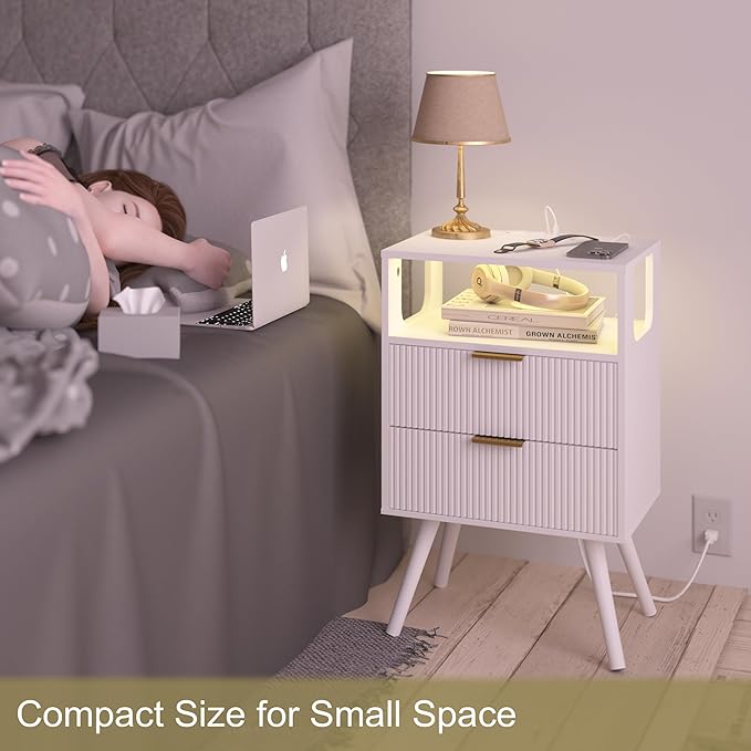 White Nightstand with Charging Station and LED Lights, Modern Bedside Table - Image 4