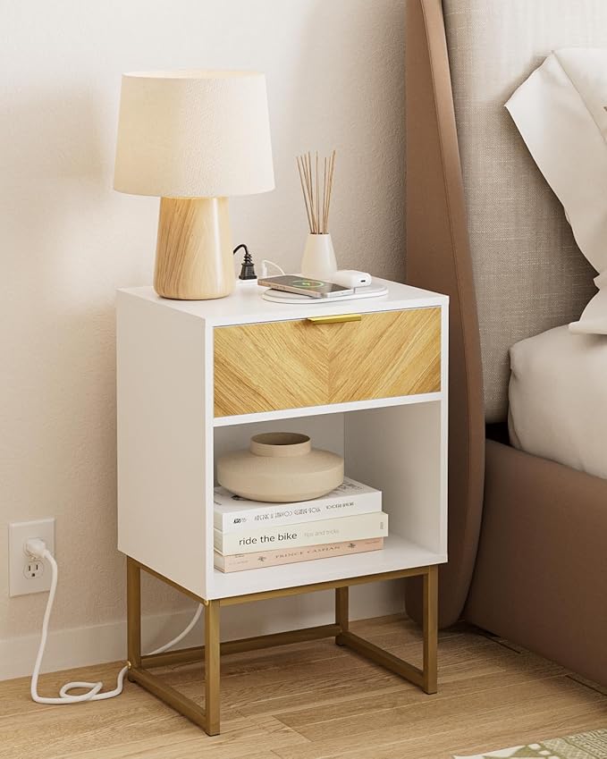 Nightstand with Charging Station, Boho Night Stand Wood Farmhouse Bedside Table by Unknown