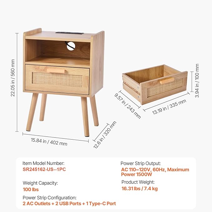 VEVOR Rattan Nightstand, Boho Bedside Table - Image 3
