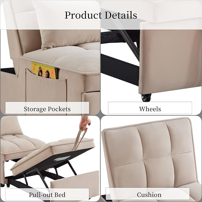 KEIKI Velvet Single Convertible Sleeper Chair Sofa Bed - Image 4