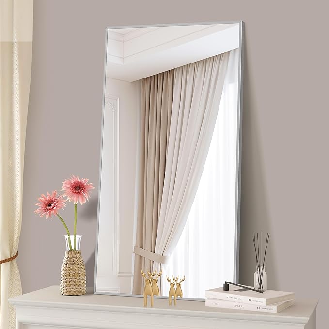 48x24In Silver Bathroom Mirror for Wall, Brushed Nickel Rectangle Mirrors - Image 5