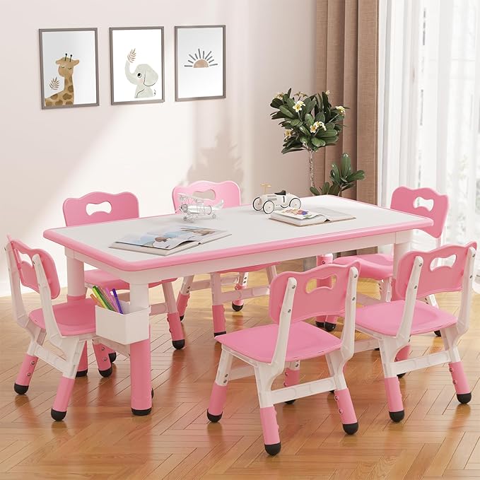 GarveeHome Kids Table and 6 Chairs Set, Height Adjustable Toddler Table and - Image 2