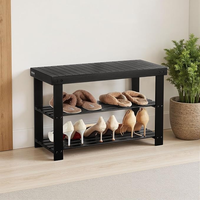 VEVOR Shoe Rack Bench, 3-Tier Bamboo Entryway Bench, Shoe Storage Organizer - Image 2