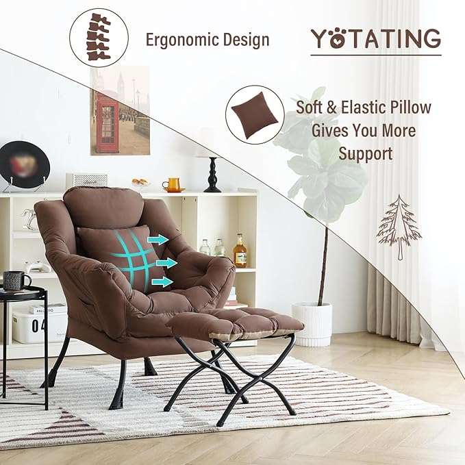 Lazy Chair with Ottoman, Comfy Reading Chair with Footstool & Pillow Modern - Image 8