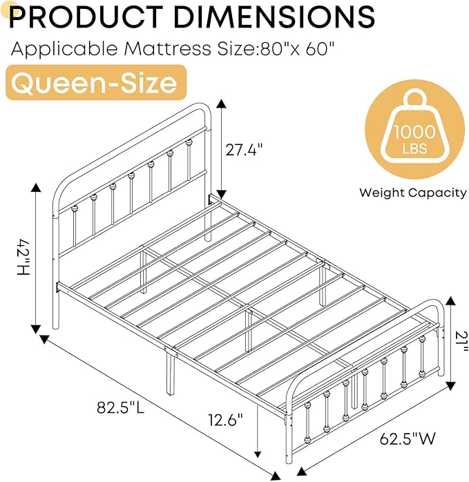 Queen Bed Frame-Classic Metal Platform Bed Frame Mattress Foundation - Image 2