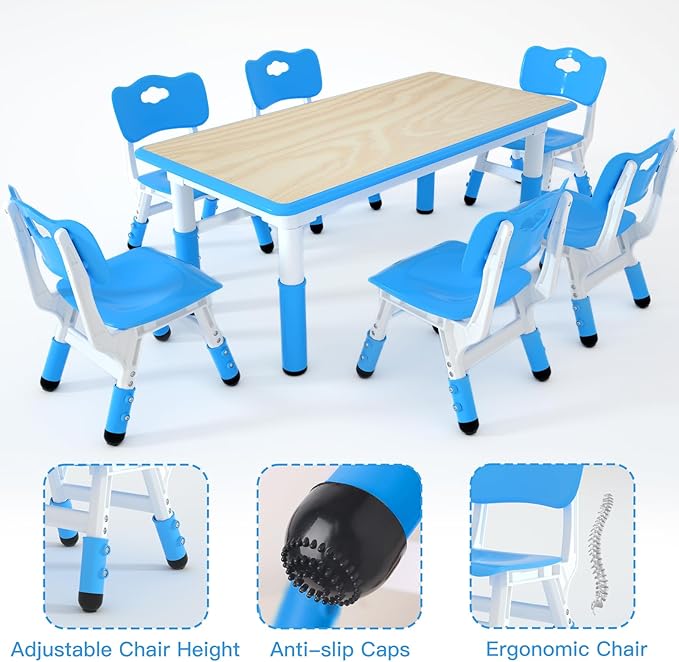 Kids Table and 6 Chairs Set，Height Adjustable Children Table & Chair，Toddlers - Image 4
