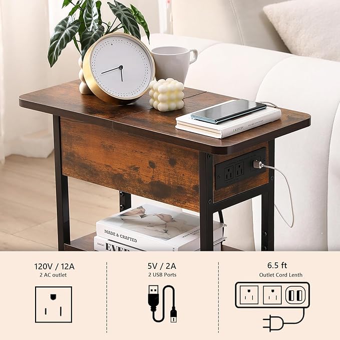 Modern End Table with Charging Station, Narrow Side Table with USB Ports & - Image 7