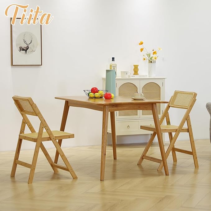 Tiita Rattan Dining Chairs Set of 2, Mid Century Modern Folding Chair, Bamboo - Image 2