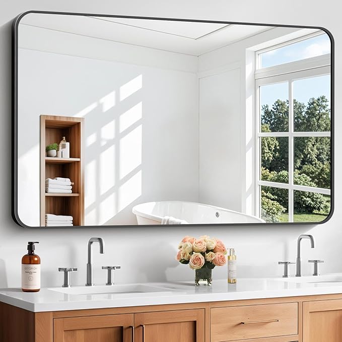 Bathroom Mirror, 55x36 inch Black Rectangle Wall Mirror, Metal Frame Rounded by WelcometoCIVENO