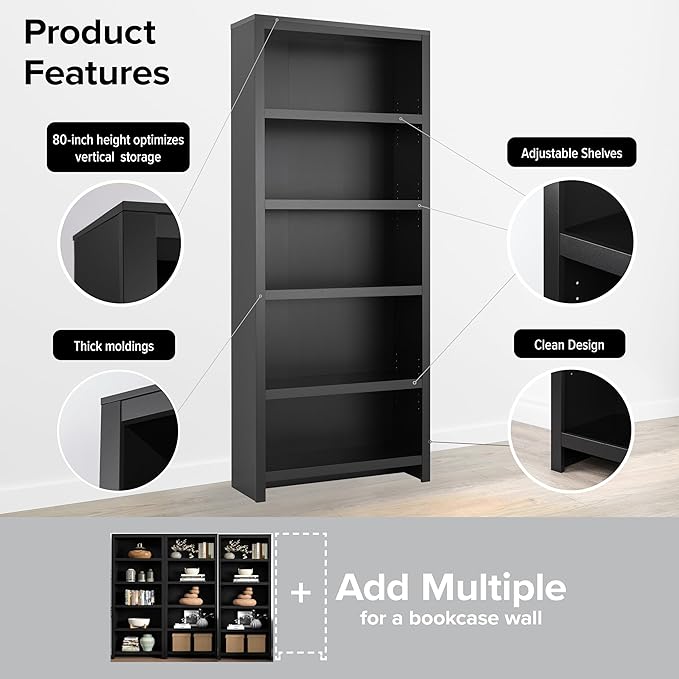 Prepac Moda 5-Tier Tall Wooden Bookcase, Display Cabinet, Bookshelf - Image 5