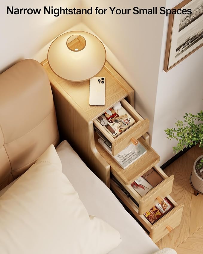 Narrow Nightstand with 3 Drawers, Solid Wood Small Nightstand Natural, Modern - Image 3