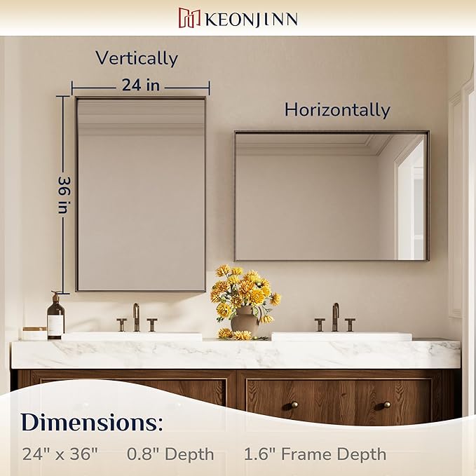 Keonjinn 24 x 36 in Brushed Bronze Bathroom Mirror, Rectangular Metal Frame - Image 7