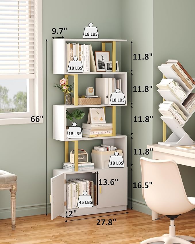 Yusong Geometric Bookcase with Cabinet, S Shaped Bookshelf 5-Tier Book Shelves - Image 3