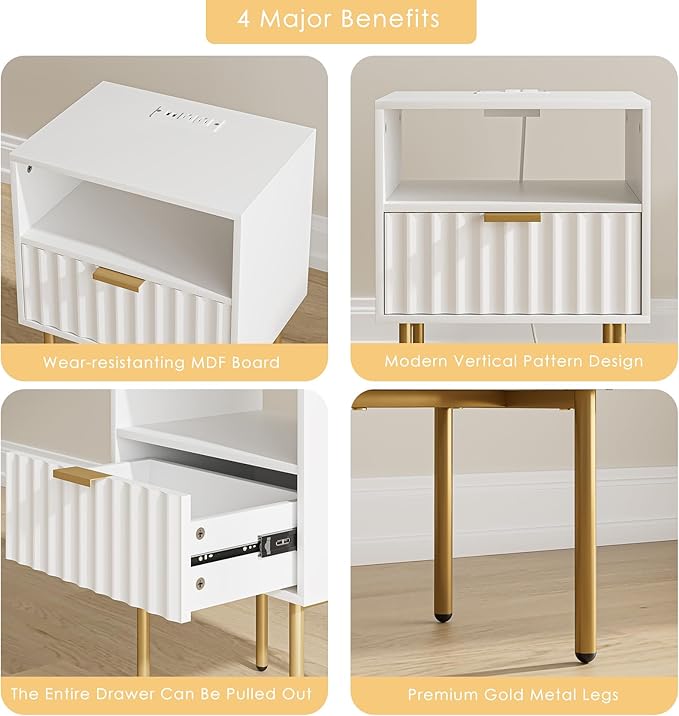 Masupu Nightstand with Charging Station, Mid-Century Modern Bedside Table with - Image 7