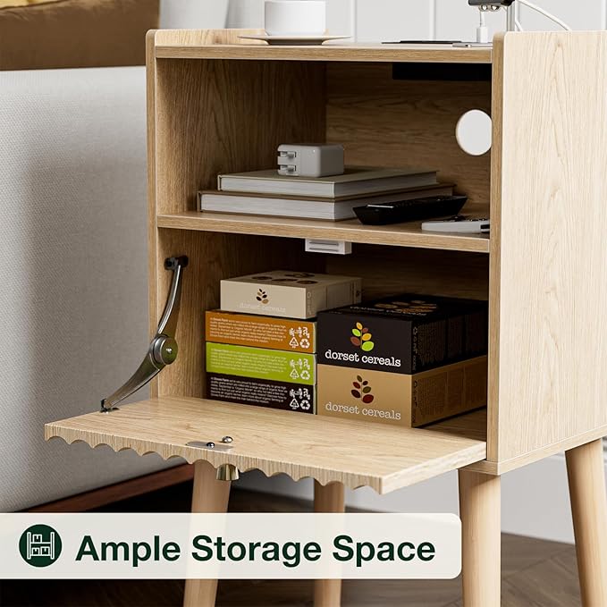 Side Table with Charging Station, Modern End Table with Fluted Drawer, Bedside - Image 6