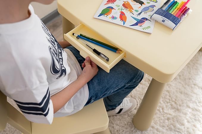 Kids Table and Chairs Set with Storage Drawer, Height-Adjustable Children's Desk - Image 3