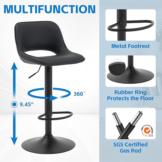 YOUNIKE Black Bar Stools Set of 2 Compact Modern Swivel Barstools, Adjustable - Image 3