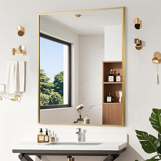 Gold Bathroom Mirror, Brushed Gold Mirror, Metal Frame Square Corner Vanity by JENBELY