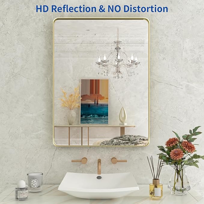 WEER Gold Bathroom Mirror, 36X30 Inch Brushed Gold Metal Frame Mirror, Rounded - Image 2