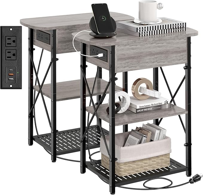Narrow Side Table with Charging Station, End Tables Set of 2 by Livofloral
