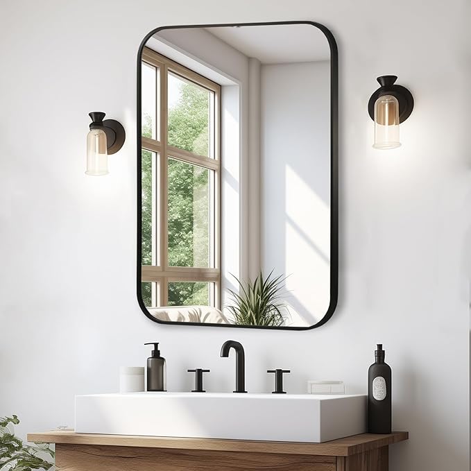 Matte Black Mirror, Metal Frame Rectangle Corner Vanity Mirror, Wall Mounted by JENBELY