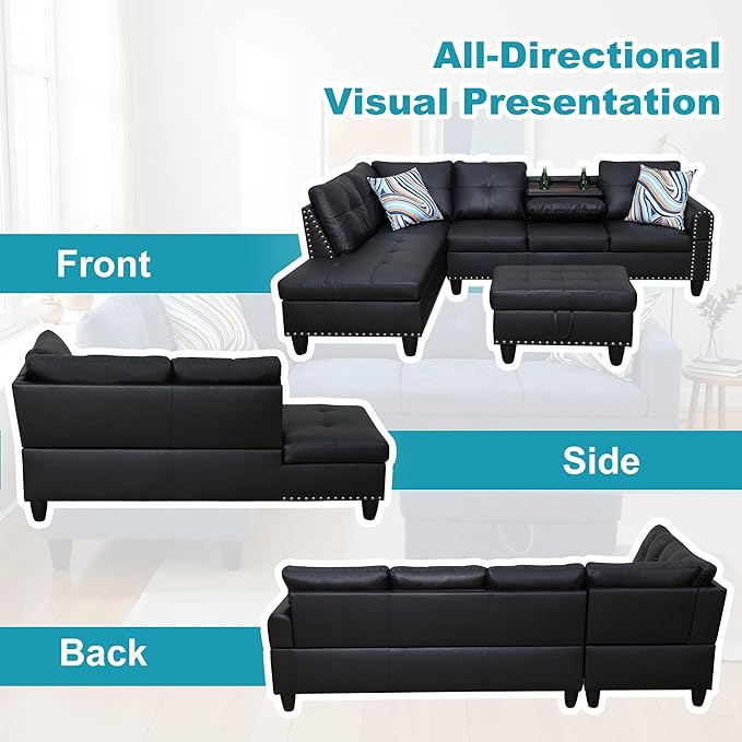 L Shaped Couch Faux Leather Sectional Couch Upholstered 3 Pieces Sofas - Image 6