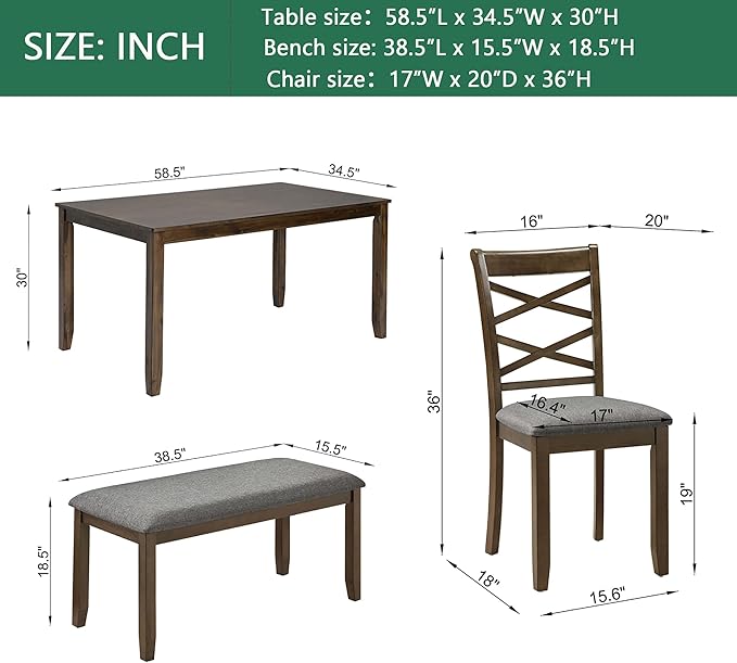 soges 6 Piece Kitchen Dining Set, Rectangular Wooden Dining Table - Image 8