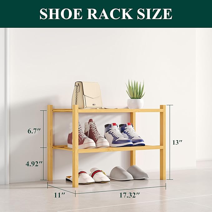 Smiry Shoe Rack, 2 Tier Small Bamboo Shoe Organizer, Stackable Free Standing - Image 2