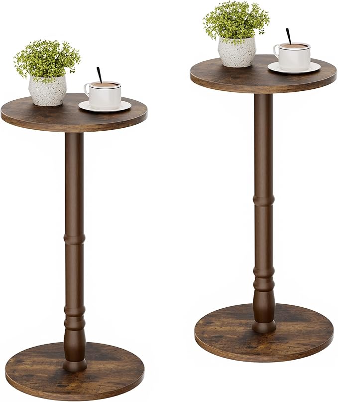 Round Side Tables Set of 2, Solid Wood Pillar by Homleke