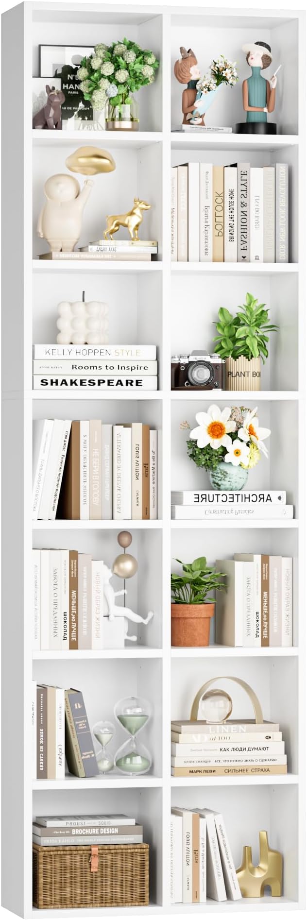 FOTOSOK 71'' White Bookshelf, Double Wide Media Tower Rack CD DVD Rack Display by FOTOSOK
