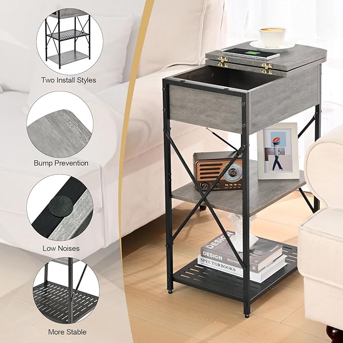 Narrow Side Table with Charging Station, End Tables Set of 2 - Image 6