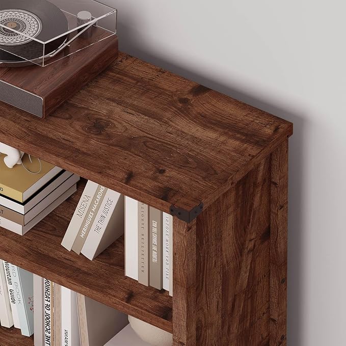 BON AUGURE Rustic Short Bookshelf, 3 Shelf Bookcase, Small Wood Low Book - Image 4