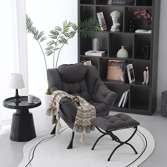 Lazy Chair with Folding Ottoman, Modern Accent Lounge Armchair with Armrests - Image 3
