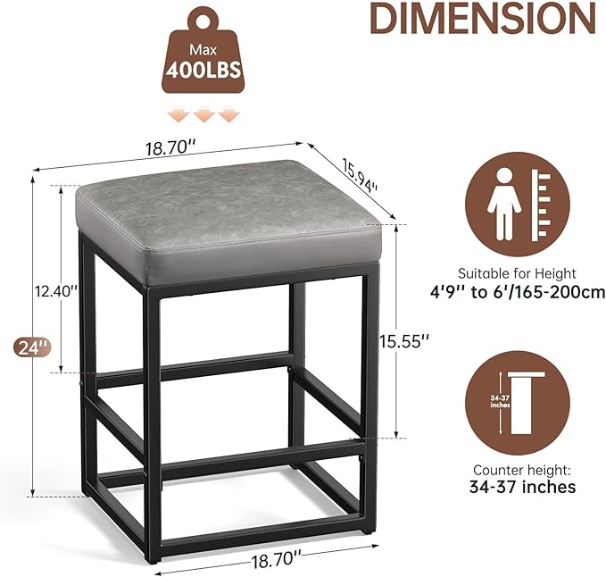 Counter Height Bar Stools Set of 2, Faux Leather Counter Stools - Image 2