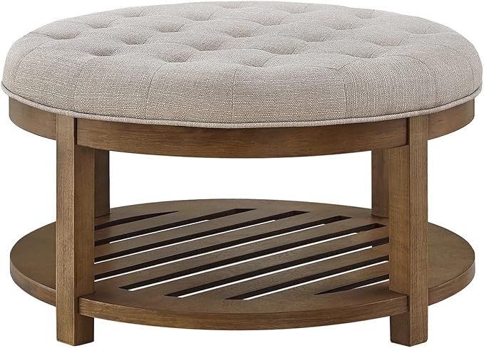 24KF Large Round Upholstered Tufted Linen Ottoman Coffee Table, Large Footrest - Image 4