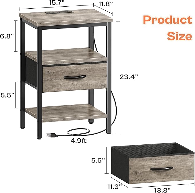 SUPERJARE Nightstand with Charging Station, Bed Side Table with Adjustable - Image 7