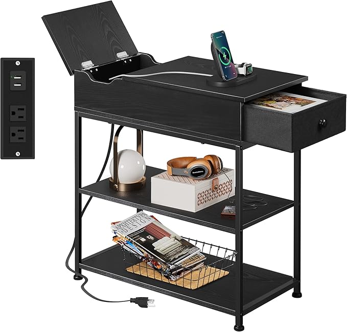 WLIVE Narrow Side Table with 2 USB Ports and 2 Outlets, Flip Top End Table with by WLIVE