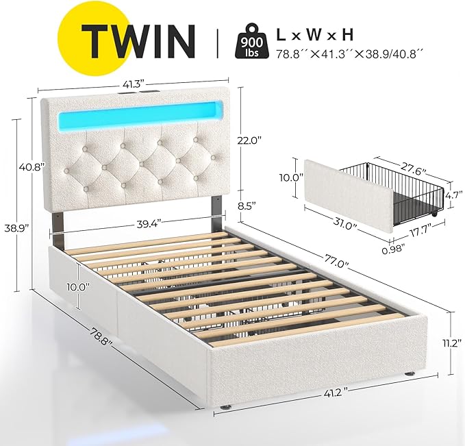 Rolanstar Twin Bed Frame with 4 Storage Drawers and Charging Station, Twin Bed - Image 3