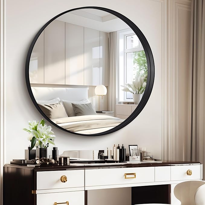 Black Round Mirror 36 inch Deep Frame Circle Mirror, Metal Framed Bathroom by WelcometoCIVENO